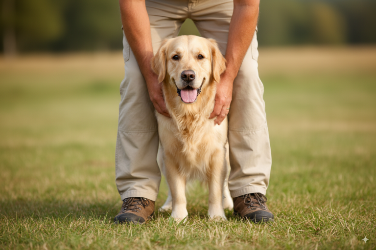 Chien entre les jambe d'un homme