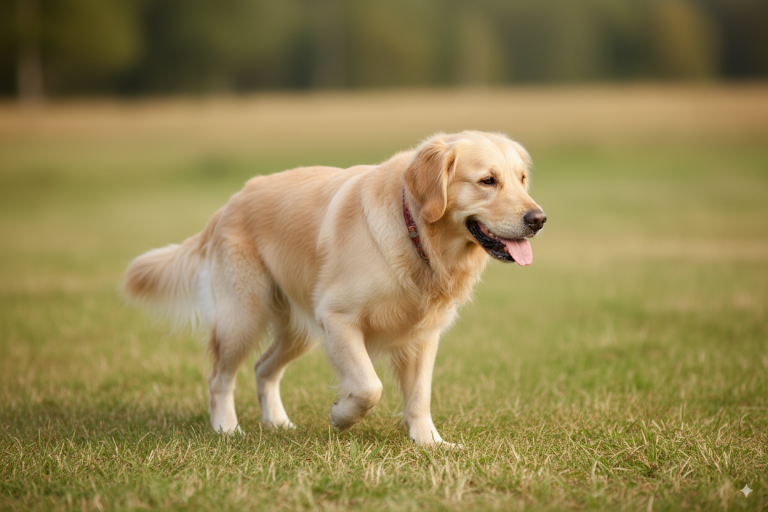 Chien marchant en boitant dans un pré