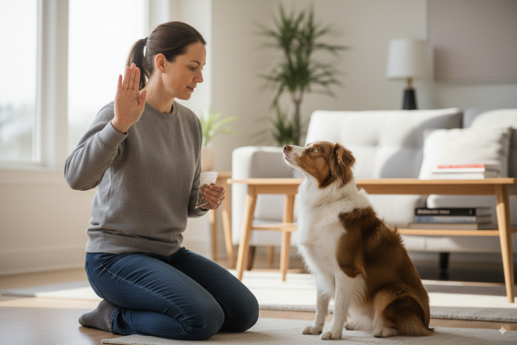 Dresseur apprenant l'ordre silence à un chien avec renforcement positif