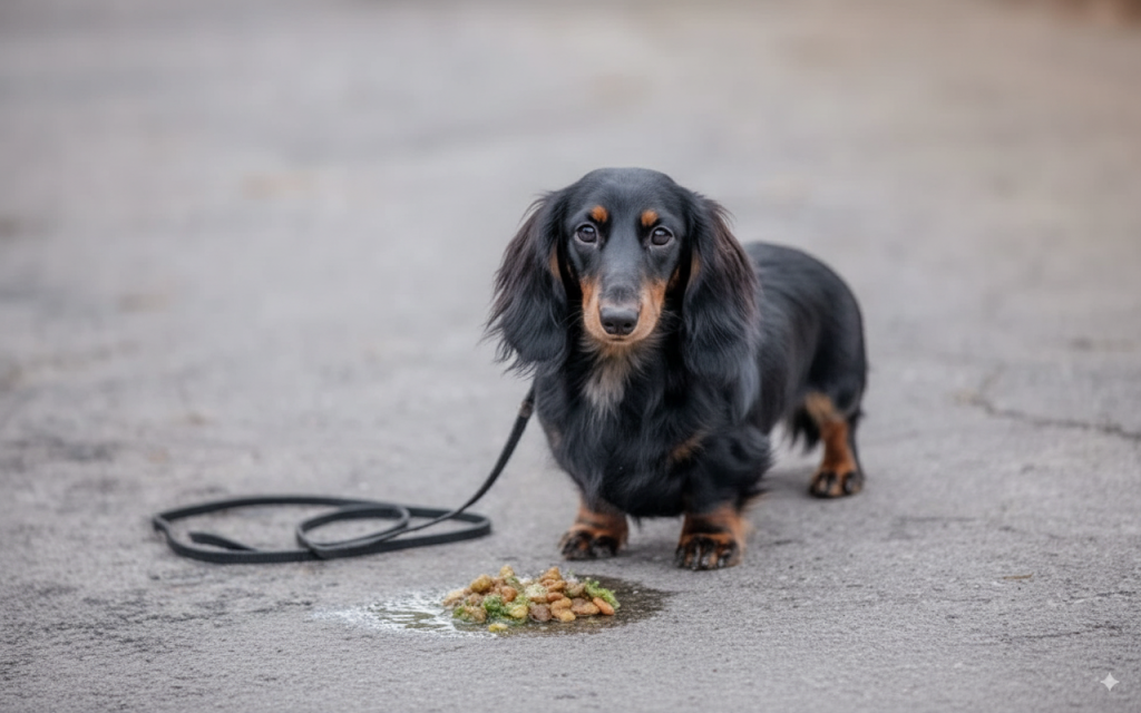 Chien saucisse à coté de son vomit