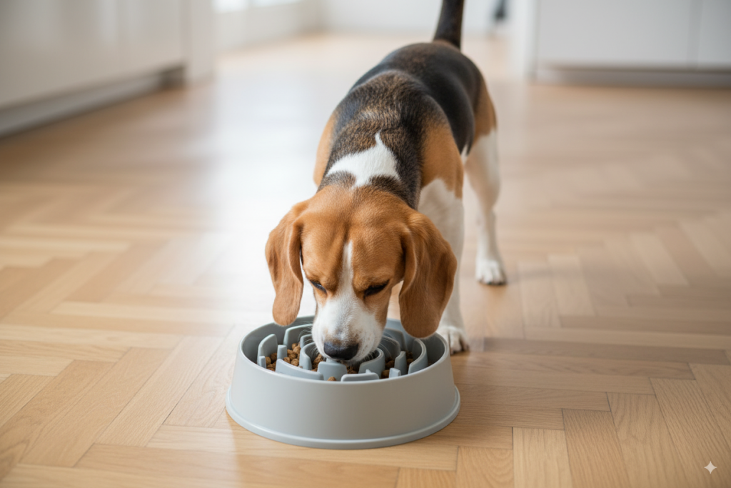 Beagle mangeant dans une gamelle anti-glouton