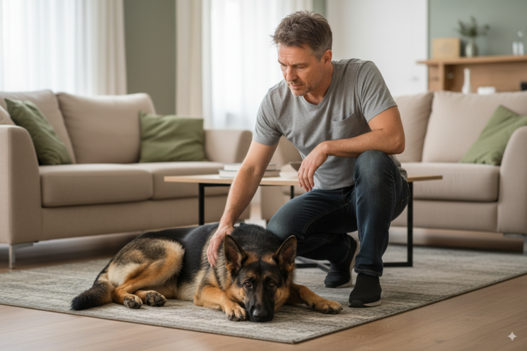 Propriétaire d'un berger allemand inquiet pour son chien allongé sur un tapis