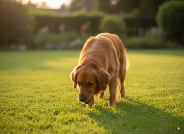 Golden retriever en train de manger de l'herbe
