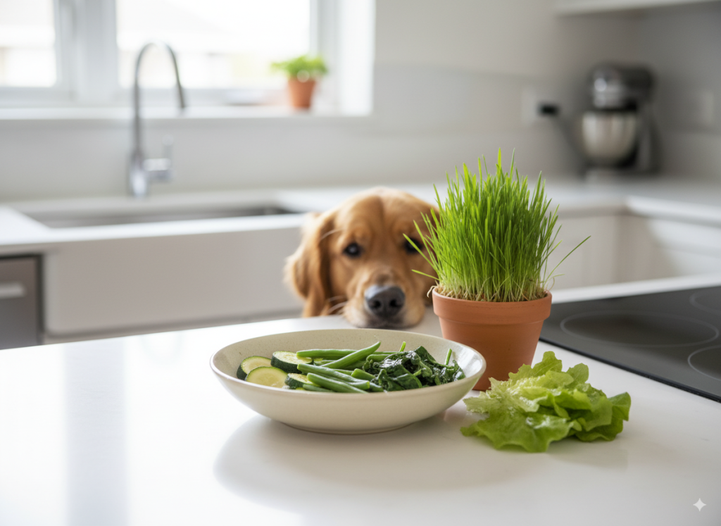 Chien reniflant un plat de légumes vert