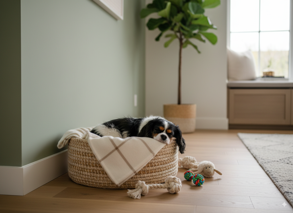 Chien cavalier king charles rassuré et sécurisé assoupi dans son panier