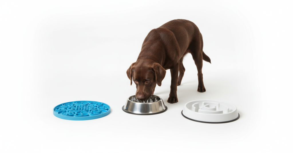 Chien mangeant dans une sélection de gamelles et tapis anti glouton