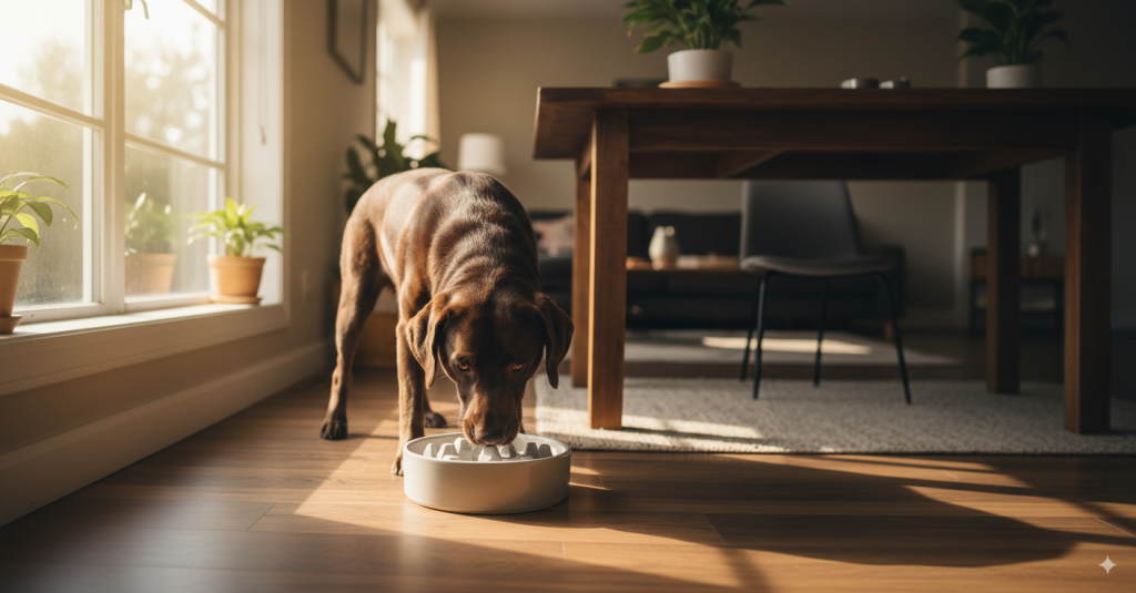 Labrador mangeant dans une gamelle anti glouton