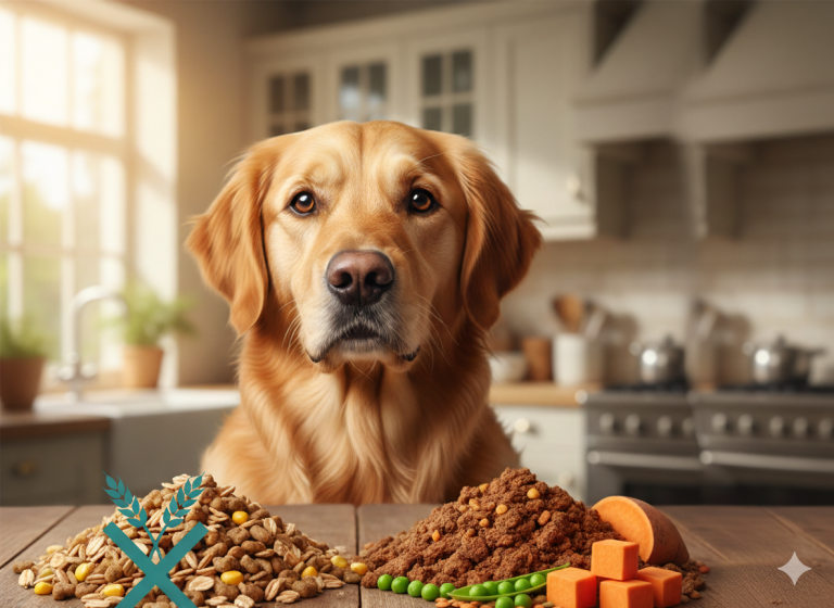 Chien devant deux types de croquettes avec et sans céréales