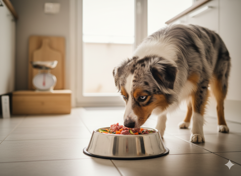 Chien mangeant dans sa gamelle