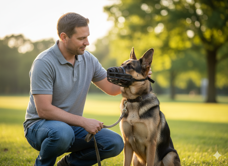 Chien muselé dans un parc avec son propriétaire à ses côtés