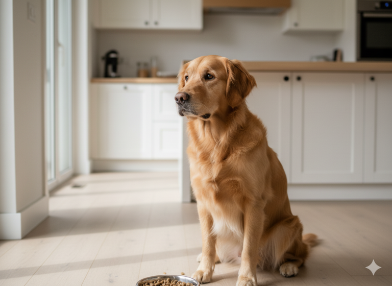 Chien devant sa gamelle pleine de croquettes sans apétit