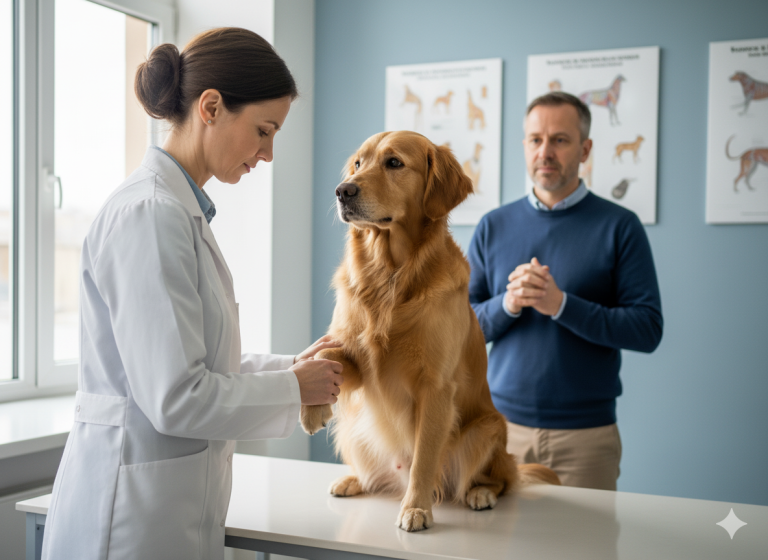 Chien en consultation chez le vétérinaire pour un problème à la patte avec son maître à l'arrière plan