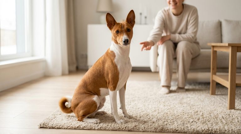 Un Basenji, chien qui n'aboie pas, assis dans un salon avec sa maitresse derrière