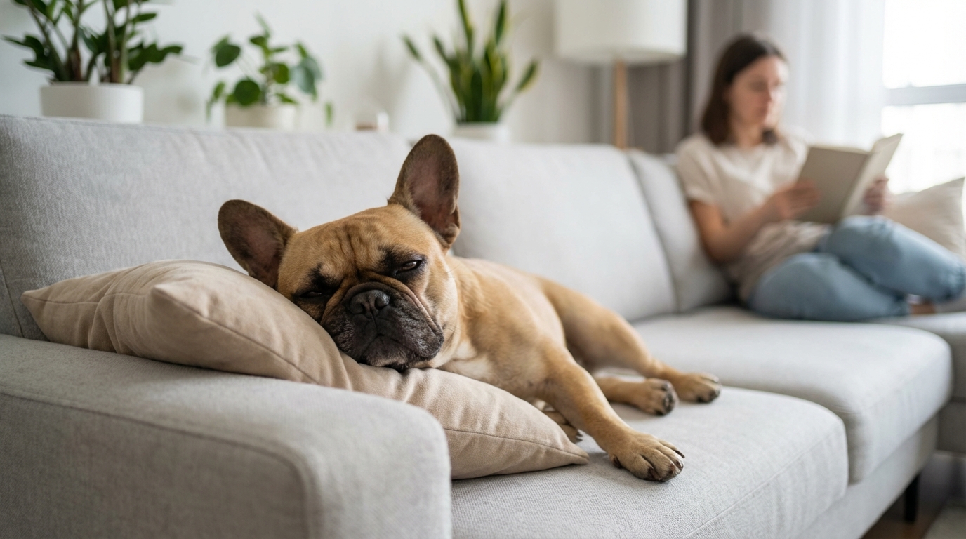 Bulldog Français allongé sur un canapé et assoupi
