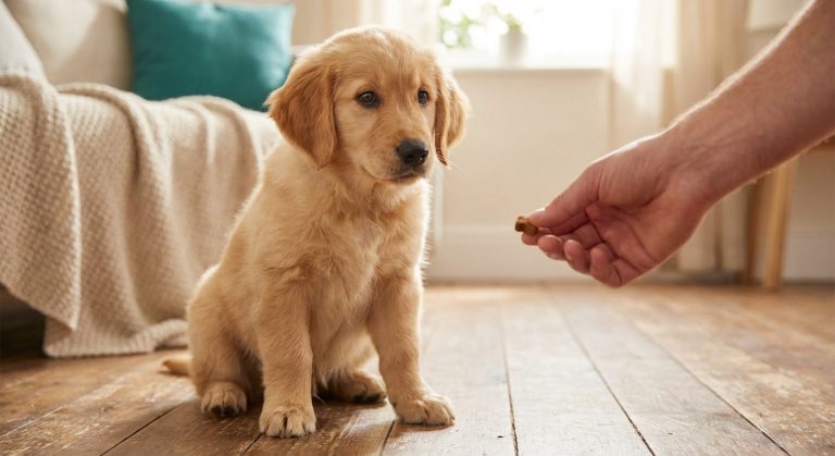 Chiot assis dans un appratement avec son maitre qui le récompense avec une croquette