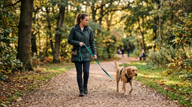 femme promenant son chien sur un sentier forestier